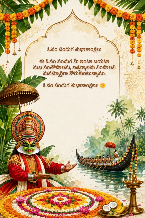 Traditional Onam Festival Telugu Greeting Card invitation template