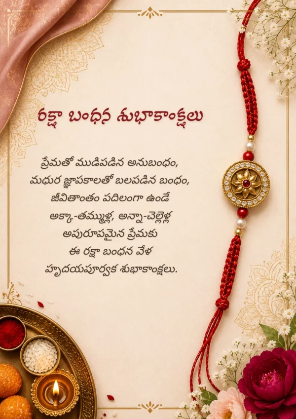 Traditional Gold Rakhi Telugu Greeting Card — Raksha Bandhan invitation card template