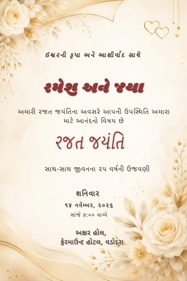 Gujarati Silver Jubilee Anniversary Floral Card — Anniversary invitation card template