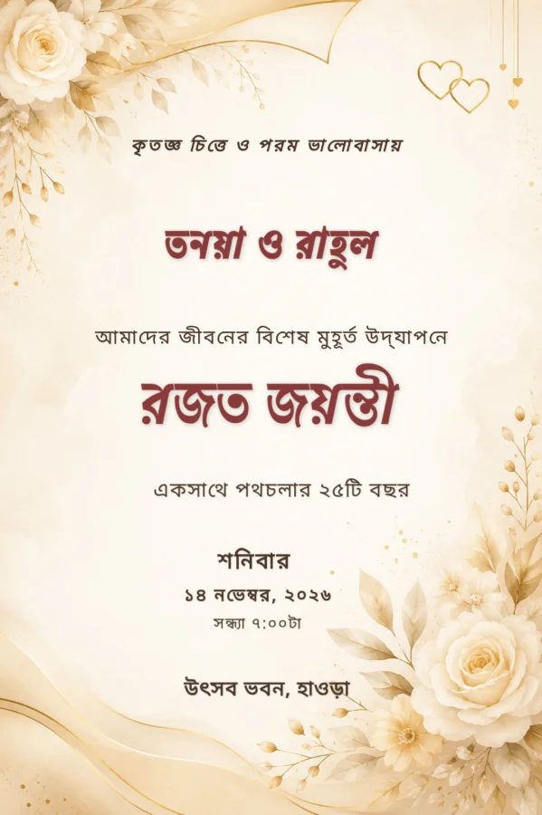 Bengali Silver Jubilee Gold Floral Invite — Anniversary invitation card template