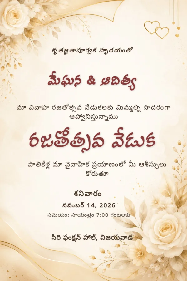 Telugu Silver Jubilee Floral Anniversary Card — Anniversary invitation card template