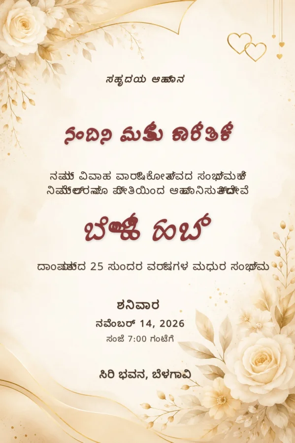 Kannada Silver Jubilee Anniversary Floral Invite — Anniversary invitation card template