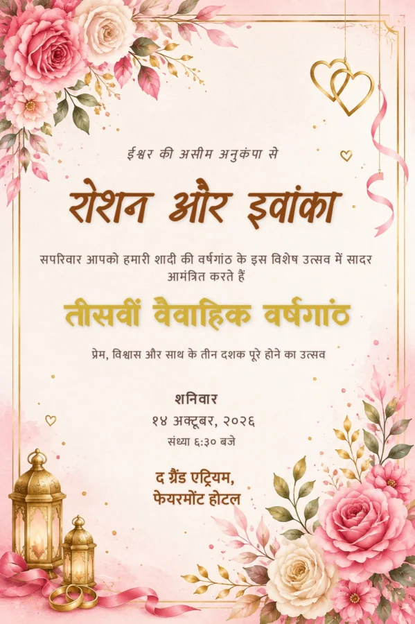 Floral Hindi Wedding Anniversary Invitation Card — Anniversary invitation card template