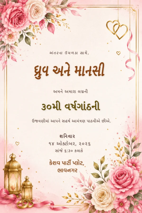 Floral Gold Gujarati Wedding Anniversary Invite — Anniversary invitation card template