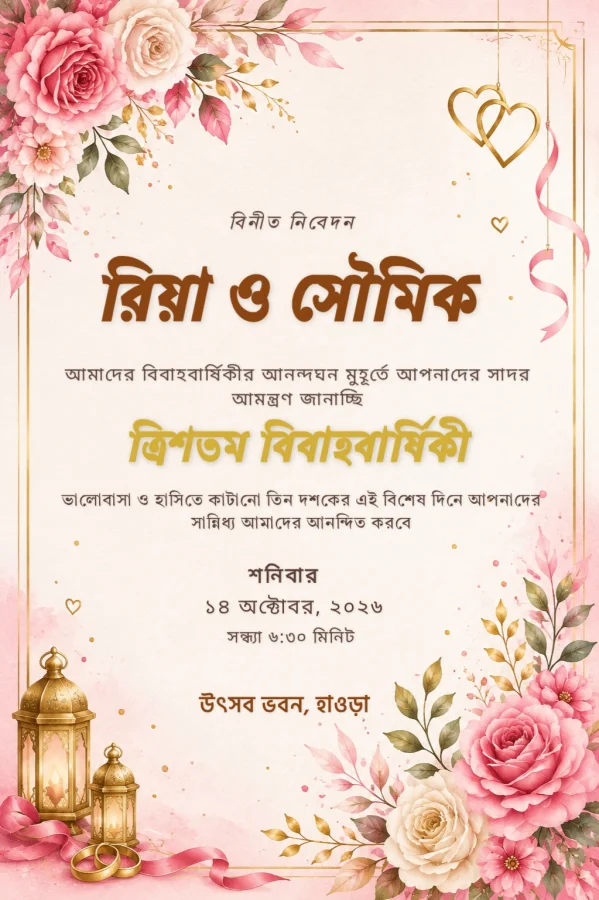 Bengali Anniversary Invitation Floral Gold Template — Anniversary invitation card template
