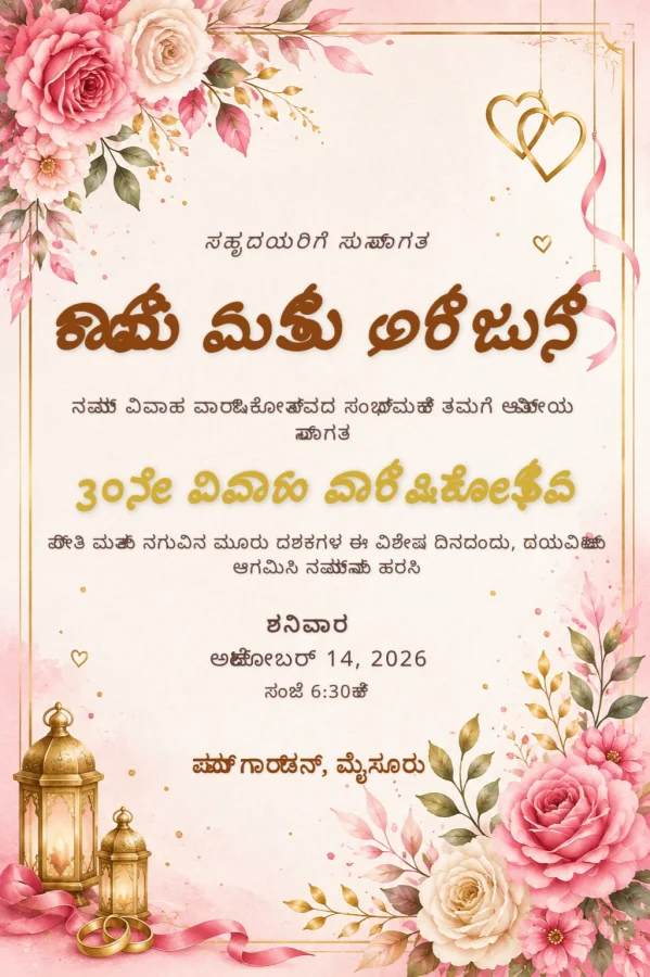 Floral Kannada Anniversary Invitation Card — Anniversary invitation card template
