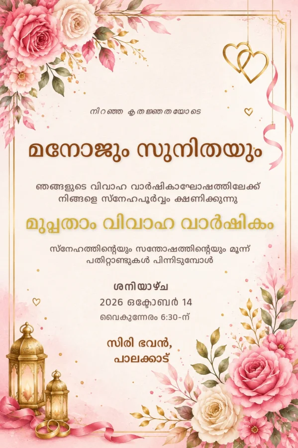 Malayalam Wedding Anniversary Gold Floral Invite — Anniversary invitation card template