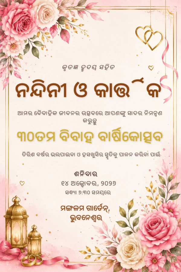 Odia Anniversary Floral Gold Invite Template — Anniversary invitation card template