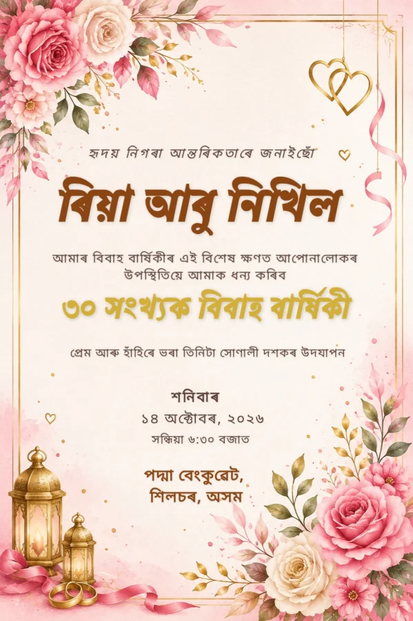 Assamese Anniversary Floral Gold Invite — Anniversary invitation card template