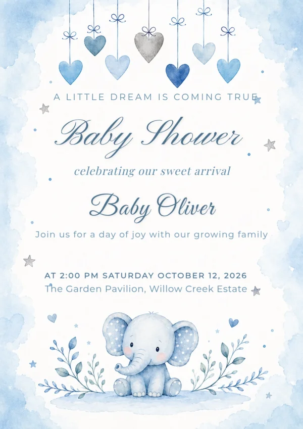 Blue Watercolor Elephant Baby Shower Invite Template — Baby Shower invitation card template