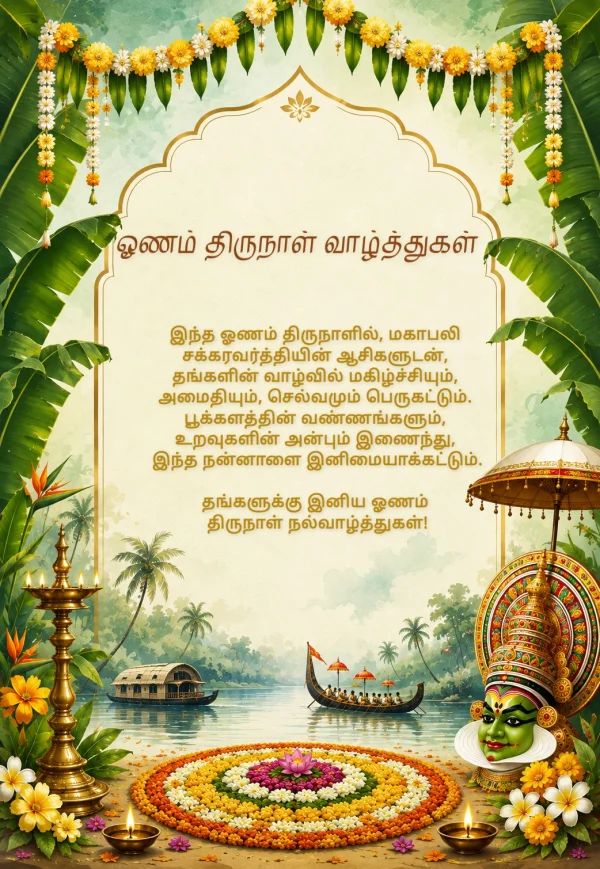 Tamil Onam Festival Floral Greeting Template — Onam invitation card template