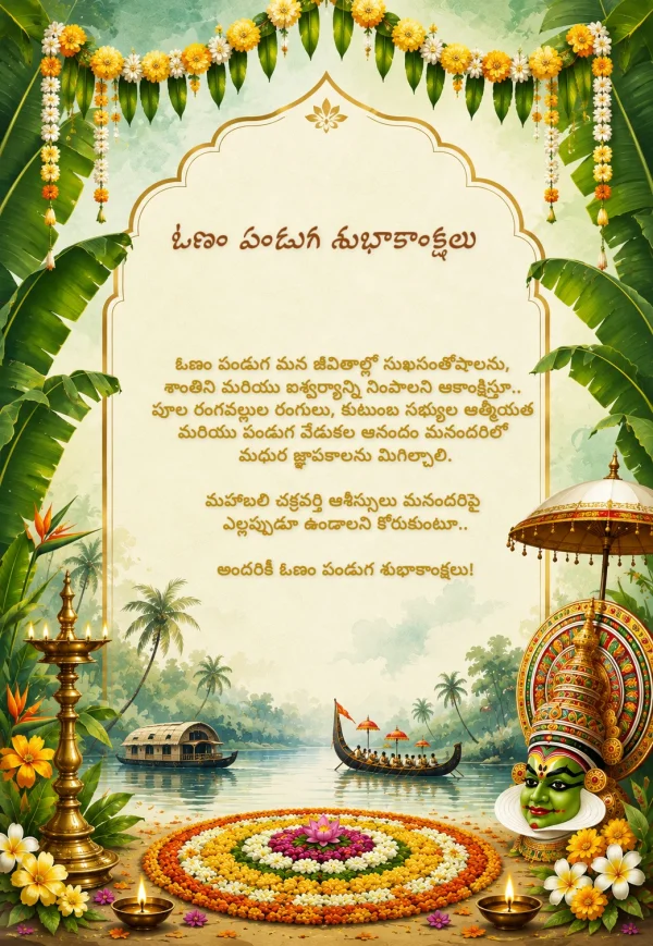 Telugu Onam Festival Floral Greeting Template — Onam invitation card template