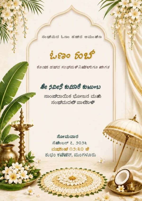 Kannada Onam Celebration Gold Floral Invite — Onam invitation card template