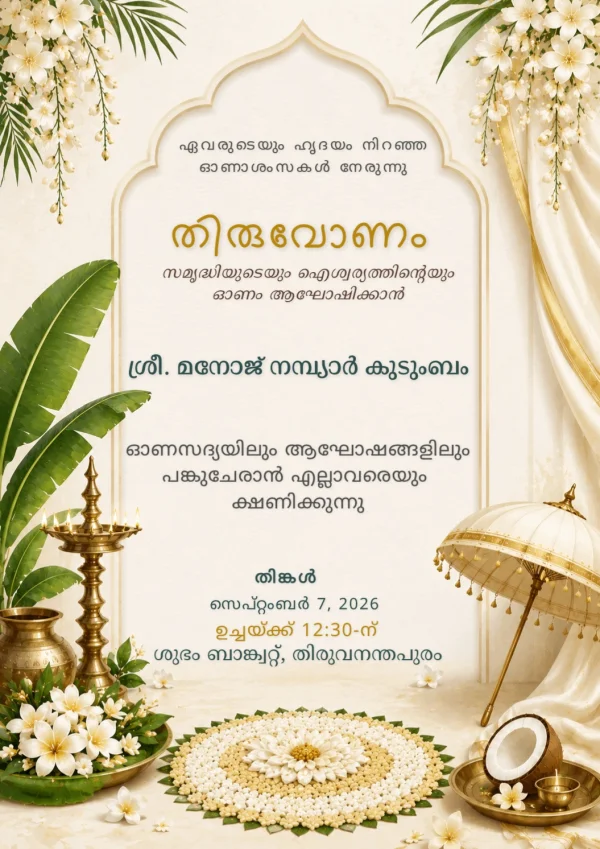 Malayalam Onam Celebration Golden Floral Invite — Onam invitation card template