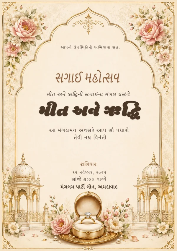 Gujarati Ring Ceremony Invitation Floral Gold Template — Ring Ceremony invitation card template