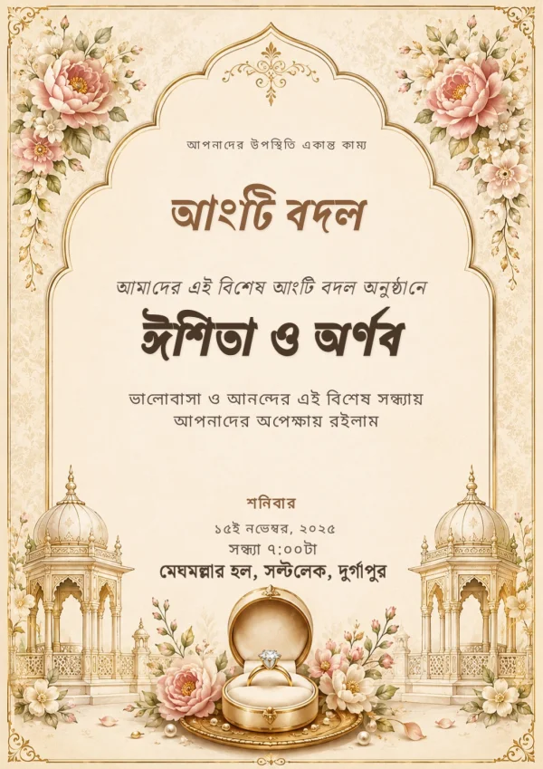 Bengali Ring Ceremony Invitation Gold Floral Template — Ring Ceremony invitation card template