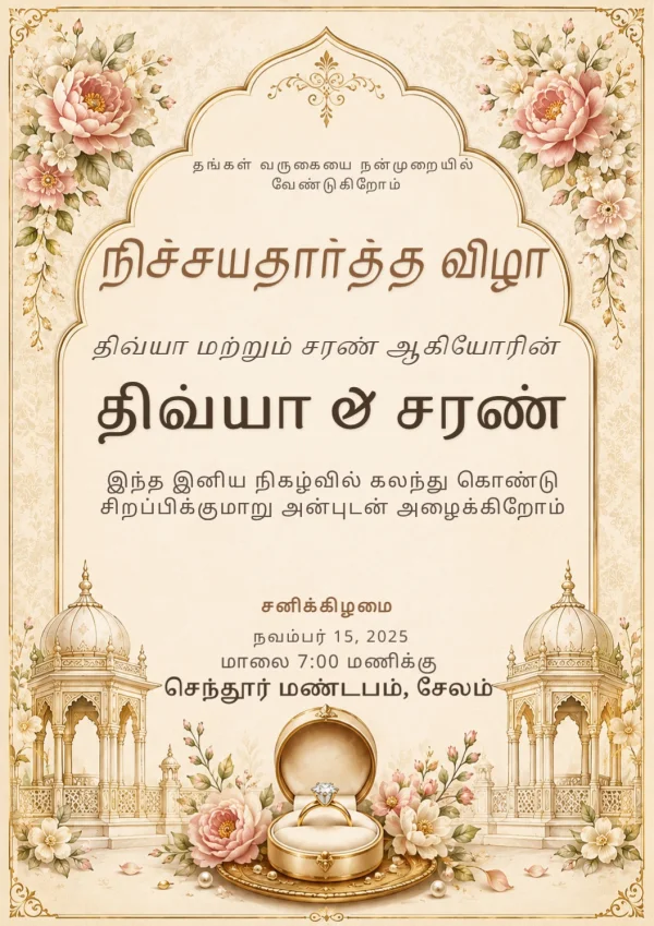 Floral Gold Tamil Ring Ceremony Invitation Card — Ring Ceremony invitation card template