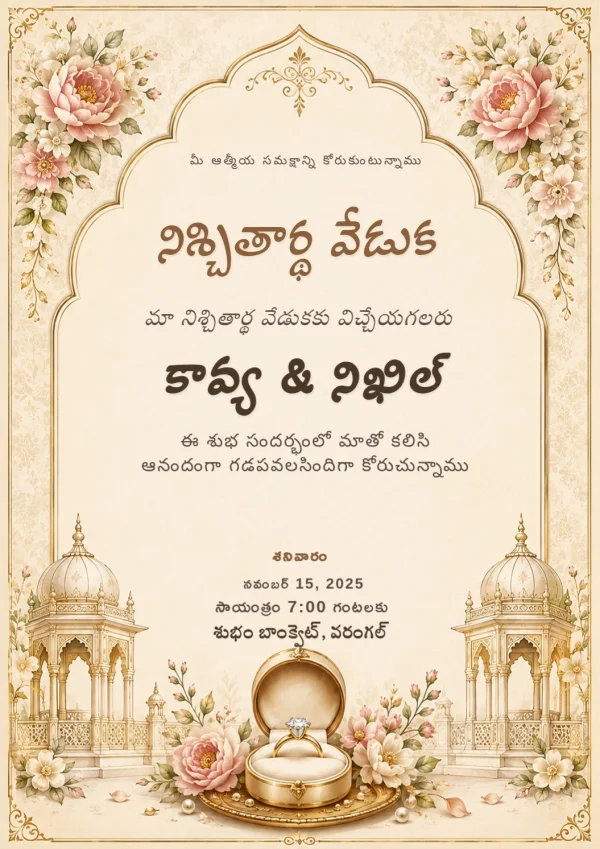 Telugu Ring Ceremony Floral Gold Invite — Ring Ceremony invitation card template
