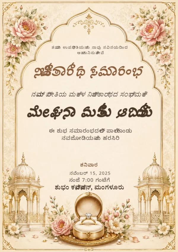 Gold Floral Kannada Ring Ceremony Invite — Ring Ceremony invitation card template
