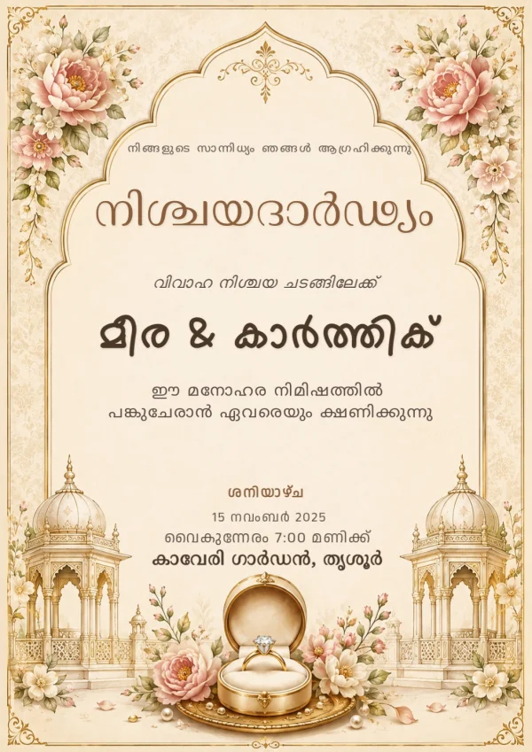 Traditional Malayalam Engagement Ring Ceremony Invite — Ring Ceremony invitation card template