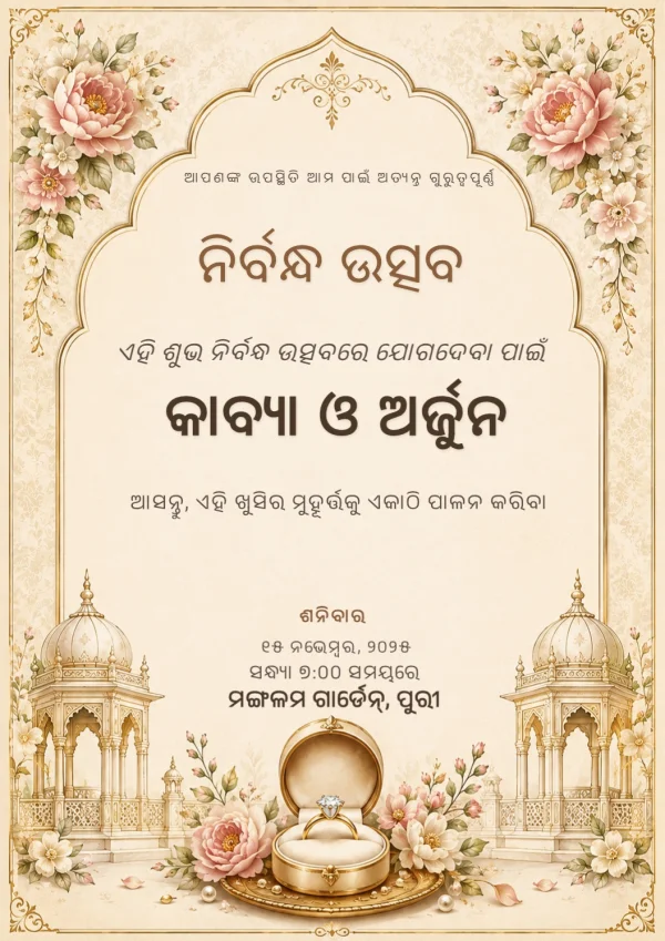 Golden Floral Odia Ring Ceremony Invite — Ring Ceremony invitation card template
