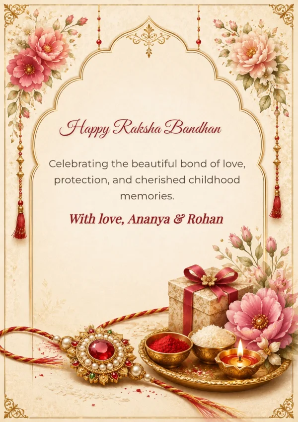 Floral Rakhi Platter English Greeting Card — Raksha Bandhan invitation card template
