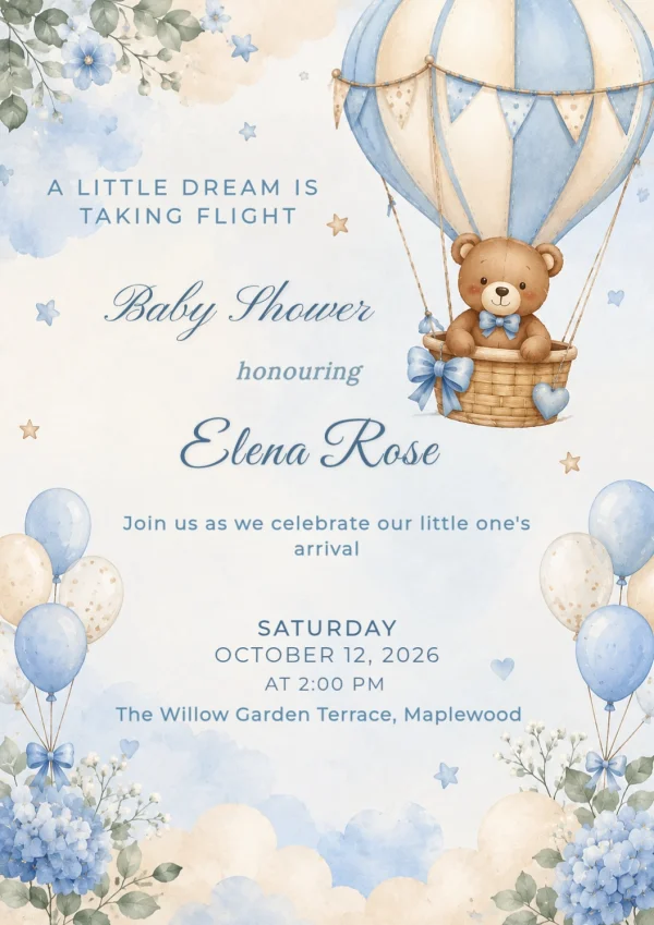 Teddy Bear Hot Air Balloon Baby Shower Card — Baby Shower invitation card template