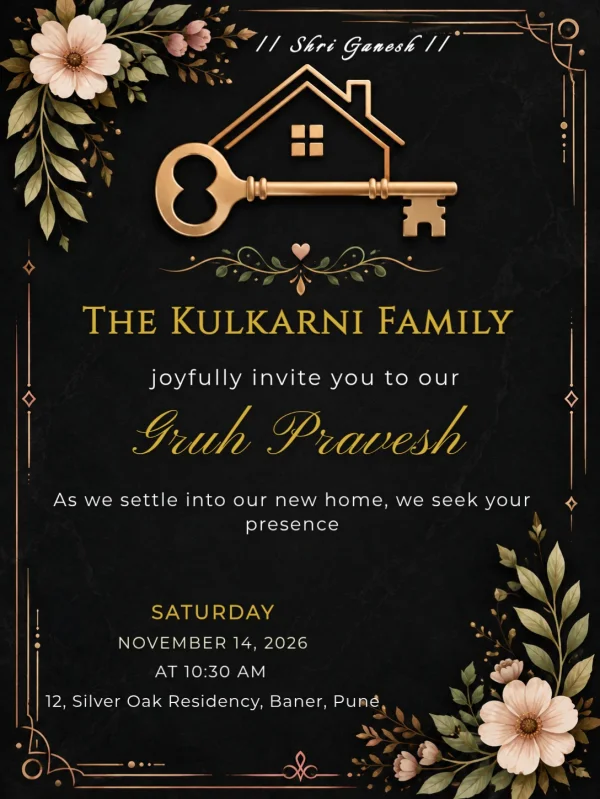 Gold Key Housewarming Black Floral Card — Housewarming invitation card template