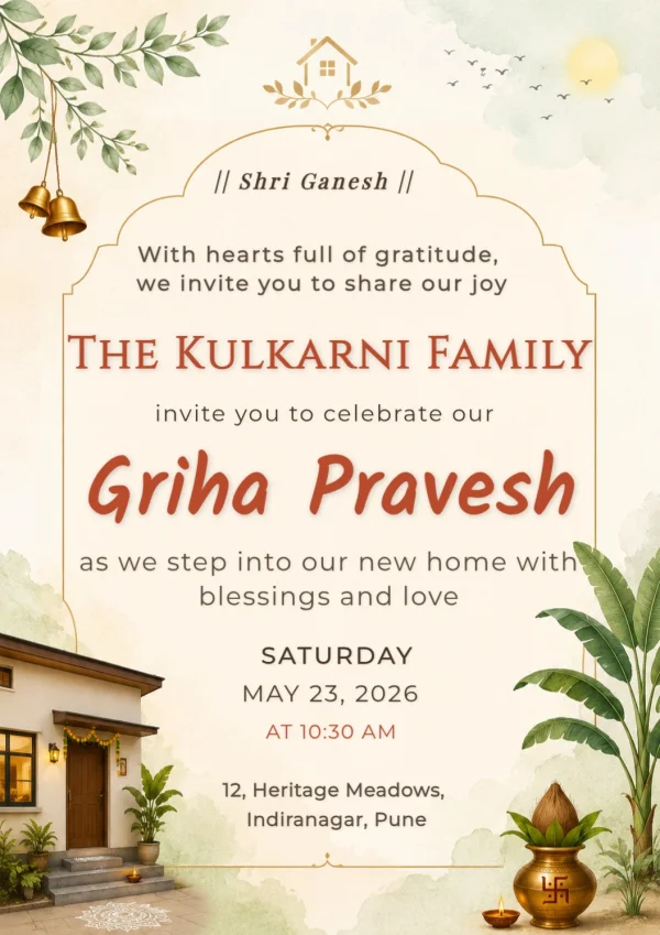 Gold Bell House Motif Griha Pravesh Card — Housewarming invitation card template