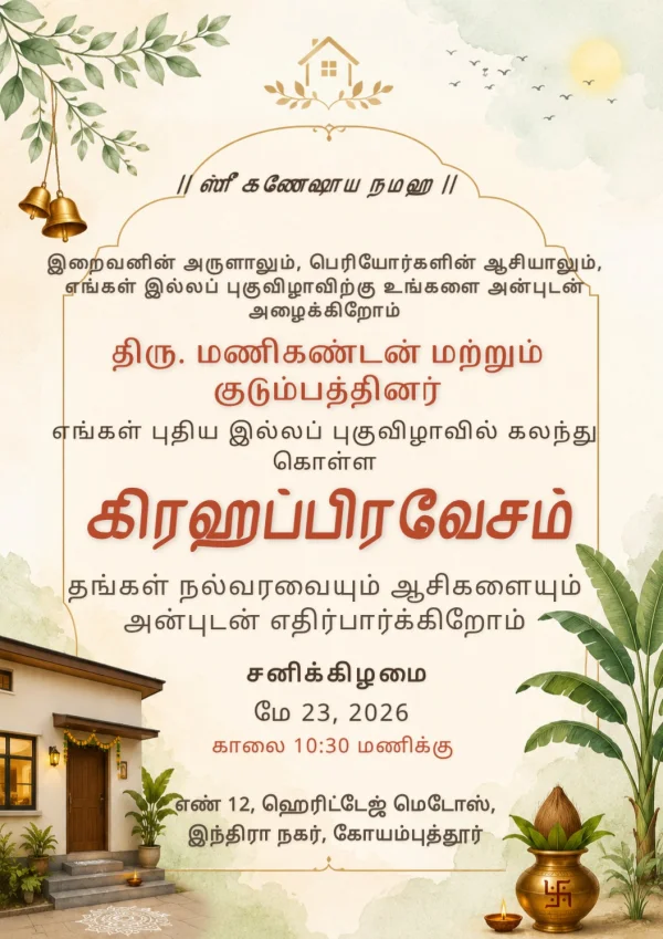 Gold Bell Tamil Griha Pravesam Card — Housewarming invitation card template