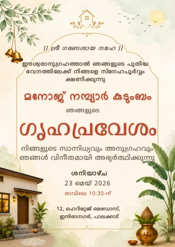 Floral Gold Malayalam Griha Pravesham Card — Housewarming invitation card template