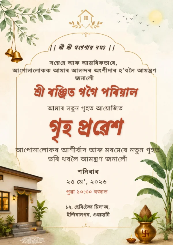 Gold Bell Assamese Griha Prabesha Card — Housewarming invitation card template
