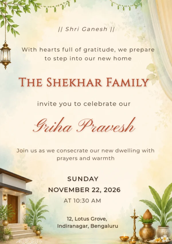 Hanging Lantern Watercolor Griha Pravesh Card — Housewarming invitation card template