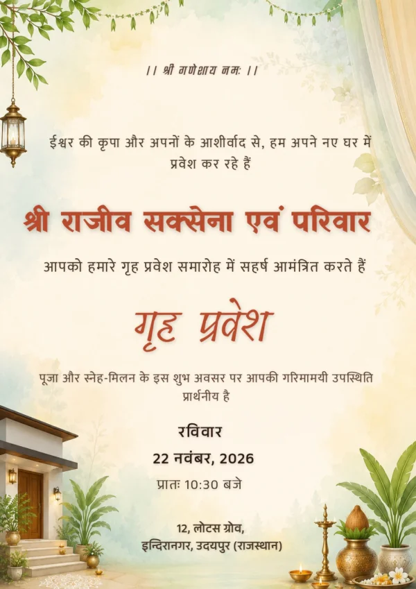 Terracotta Floral Hindi Griha Pravesh Card — Housewarming invitation card template