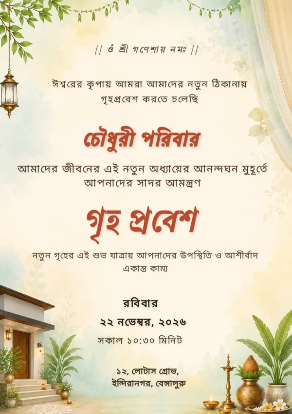 Traditional Bengali Griha Pravesh Invitation Card — Housewarming invitation card template