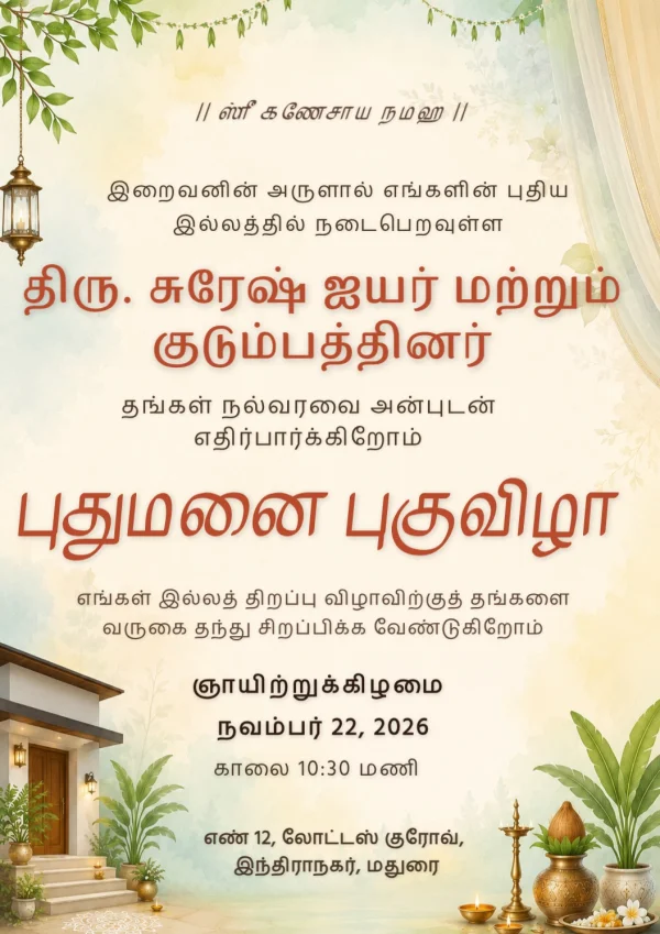 Traditional Tamil Griha Pravesam Invitation Card — Housewarming invitation card template