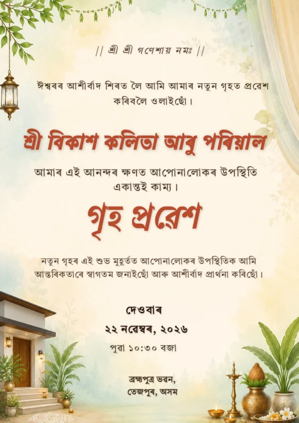 Gold Lantern Assamese Griha Prabesha Card — Housewarming invitation card template