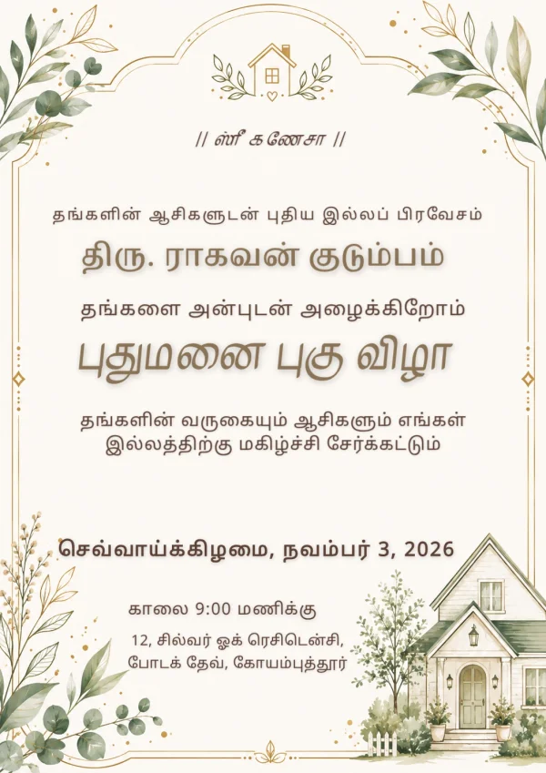 Floral Tamil Puthumanai Pugu Vizha Card — Housewarming invitation card template