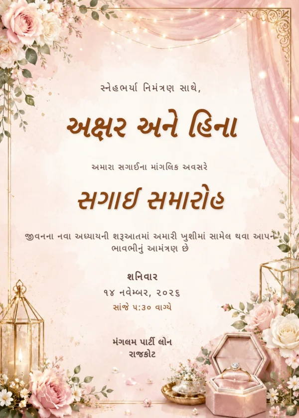 Floral Gold Gujarati Sagai Card — Engagement invitation card template