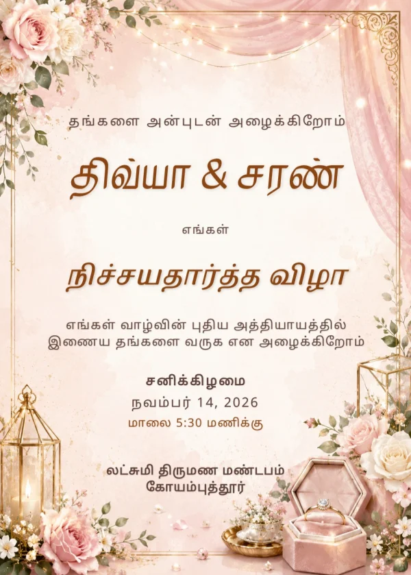 Floral Tamil Nichayathartham Invitation Card — Engagement invitation card template