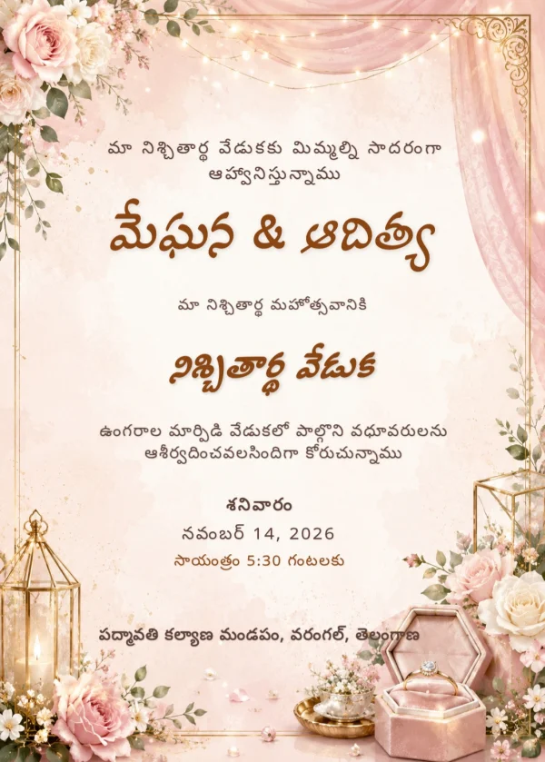 Floral Gold Telugu Nischitartham Card — Engagement invitation card template