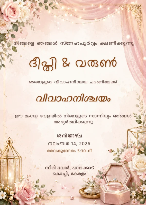 Floral Gold Malayalam Nischayam Invitation Card — Engagement invitation card template