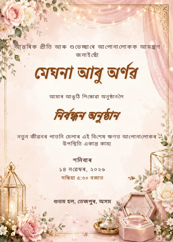 Floral Gold Assamese Engagement Card — Engagement invitation card template