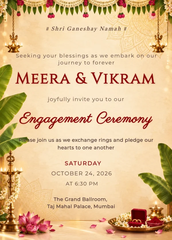 Banana Leaf Lamp Ring Ceremony Card — Engagement invitation card template