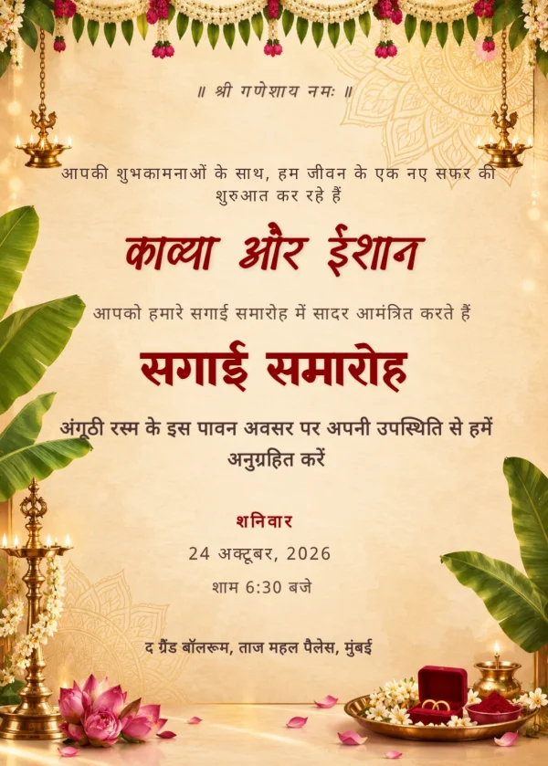 Saffron Lotus Hindi Sagai Ceremony Card — Engagement invitation card template