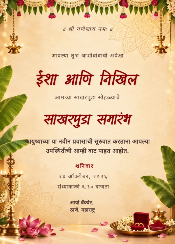 Terracotta Floral Marathi Sakharpuda Card — Engagement invitation card template