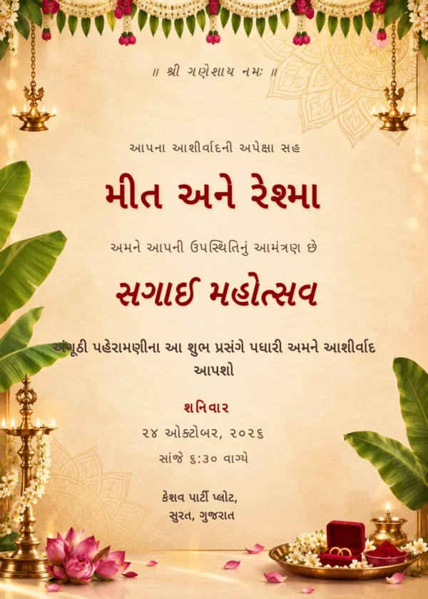 Lotus Floral Gujarati Sagai Card — Engagement invitation card template