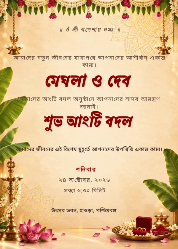 Red Gold Bengali Engagement Card — Engagement invitation card template