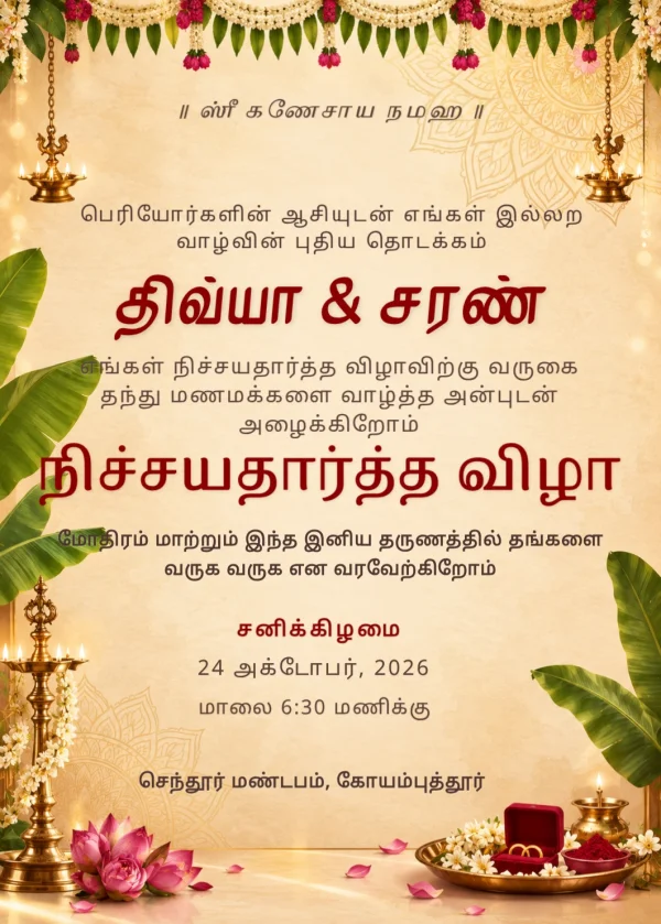 Gold Lotus Tamil Nichayathartham Card — Engagement invitation card template