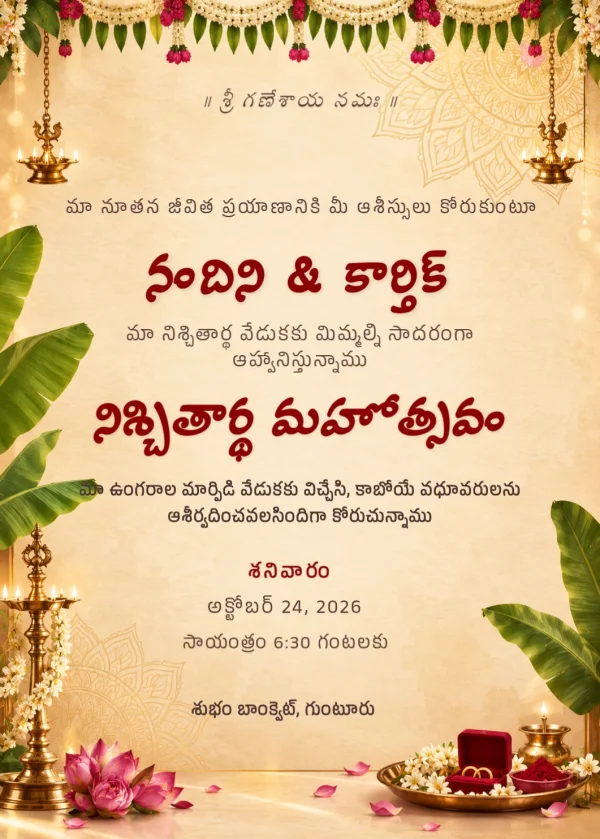 Floral Gold Telugu Nischitartham Card — Engagement invitation card template